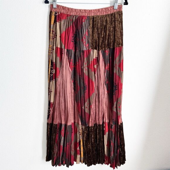 Vtg Circle T Skirt Womens Medium Burgundy Patchwork Velvet Maxi Western Festival - Picture 1 of 16